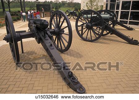 Stock Photograph -  cannons, Civil War, Chickamauga, Chickamauga and Chattanooga National Military Park, Georgia, Cannons displayed at the visitor center at Chickamauga and Chattanooga Nat'l Military Park in the state of Georgia.. Fotosearch