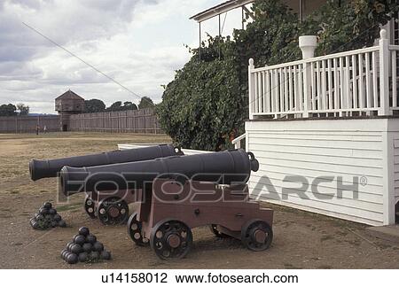 Stock Image -  cannons, Fort Vancouver, Vancouver, Washington, Fort Vancouver National Historic Site in Vancouver National Historic Reserve in the state of Washington.. Fotosearch