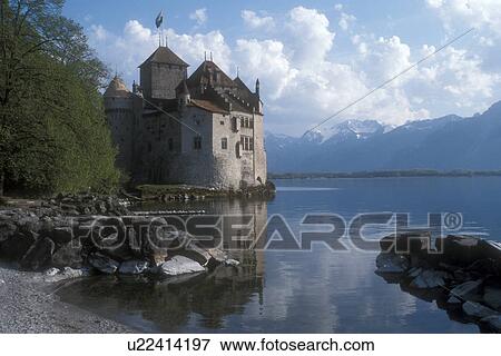 castle, Chillon, Lake Geneva, Switzerland, Montreux, Lord Byron, The Prisoner of Chillon, Vaud, Europe, Lac Leman, A picturesque view of the Chateau de Chillon a 13th century fortress on the calm waters of Lake Geneva with the Alps in the background in t View Large Photo Image Stock Photo - castle, Chillon, Lake Geneva, Switzerland, Montreux, Lord Byron, The Prisoner of Chillon, Vaud, Europe, Lac Leman, A picturesque view of the Chateau de Chillon a 13th century fortress on the calm waters of Lake Geneva with the Alps in the background in t. Fotosearch