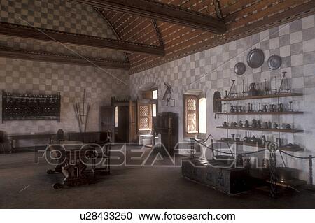 Stock Image -  castle, Switzerland, Chillon, Lord Byron, The Prisoner of Chillon, Montreux, Vaud, Europe, Inside one of the magnificent rooms of the Chateau de Chillon a 13th century fortress in the Canton of Vaud. . Fotosearch