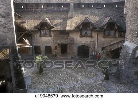 castle, Switzerland, Chillon, Montreux, Lord Byron, The Prisoner of Chillon, Vaud, Europe, View of a courtyard inside the Chateau de Chillon a 13th century fortress in the Canton of Vaud. View Large Photo Image Stock Photo - castle, Switzerland, Chillon, Montreux, Lord Byron, The Prisoner of Chillon, Vaud, Europe, View of a courtyard inside the Chateau de Chillon a 13th century fortress in the Canton of Vaud. . Fotosearch