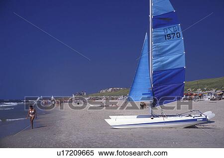 Stock Photography -  catamaran, sailboat, North Sea, Holland, Netherlands, Europe, Catamaran with blue sails beached along the North Sea's sandy beach in Egmond Binnen. . Fotosearch