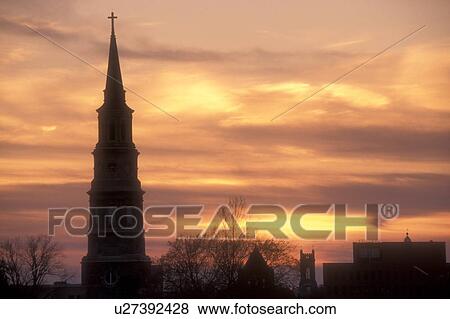 Stock Photo -  Charleston, South Carolina, church, The steeple of St. Philip's Episcopal Church at sunset in downtown Charleston, South Carolina.. Fotosearch