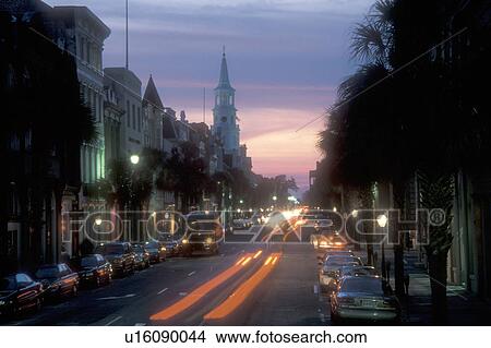 Picture -  Charleston, South Carolina, City lights in the evening on Broad Street in downtown Charleston, South Carolina.. Fotosearch
