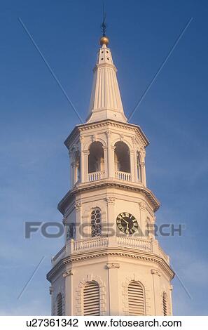 Charleston, South Carolina, The steeple of St. Michael's Episcopal Church rises 186 feet above the street in downtown Charleston, South Carolina. View Large Photo Image Stock Image - Charleston, South Carolina, The steeple of St. Michael's Episcopal Church rises 186 feet above the street in downtown Charleston, South Carolina.. Fotosearch