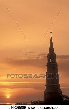 Charleston, South Carolina, The steeple of St. Philip's Episcopal Church at sunset in downtown Charleston, South Carolina. View Large Photo Image Stock Photo - Charleston, South Carolina, The steeple of St. Philip's Episcopal Church at sunset in downtown Charleston, South Carolina.. Fotosearch