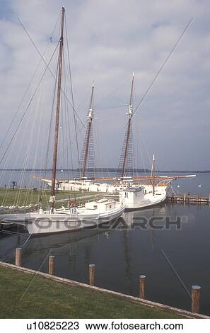 Stock Image -  Chesapeake Bay Maritime Museum, Maryland, St. Michaels, Historic boats docked in the harbor at the Chesapeake Bay Maritime Museum in St. Michaels on the Chesapeake Bay in Maryland.. Fotosearch