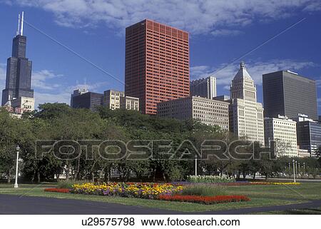 Chicago, Illinois, A view of the skyline of downtown Chicago from Grant Park View Large Photo Image Stock Photo - Chicago, Illinois, A view of the skyline of downtown Chicago from Grant Park . Fotosearch