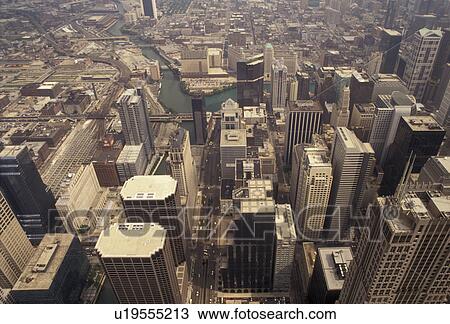 Stock Image -  Chicago, Illinois, downtown, Aerial view of the city of Chicago in the state of Illinois.. Fotosearch