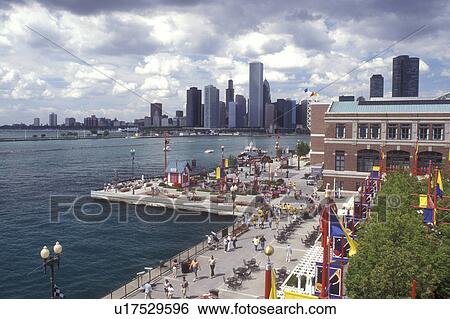 Chicago, Illinois, The Navy Pier on Lake Michigan with Chicago skyline in the background View Large Photo Image Stock Photograph - Chicago, Illinois, The Navy Pier on Lake Michigan with Chicago skyline in the background . Fotosearch