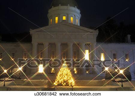 Christmas, State Capitol, State House, Montpelier, winter, snow, X-mas, xmas, Vermont, White star lights illuminate the State House in the capital city of Montpelier at night for the holiday Christmas season in Washington County in the state of Vermont. View Large Photo Image Stock Image - Christmas, State Capitol, State House, Montpelier, winter, snow, X-mas, xmas, Vermont, White star lights illuminate the State House in the capital city of Montpelier at night for the holiday Christmas season in Washington County in the state of Vermont. . Fotosearch