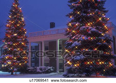 Christmas tree, college, university, decoration, Vermont, Two large snow covered evergreen trees decorated with colorful lights stand at the entrance to Noble Hall on the campus of Norwich University at Vermont College at night for the holiday Christmas View Large Photo Image Stock Image - Christmas tree, college, university, decoration, Vermont, Two large snow covered evergreen trees decorated with colorful lights stand at the entrance to Noble Hall on the campus of Norwich University at Vermont College at night for the holiday Christmas . Fotosearch