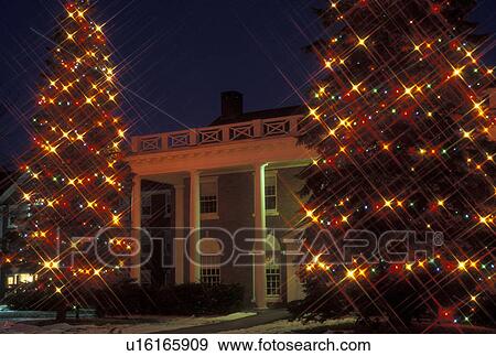 Christmas tree, college, university, Vermont, Two large evergreen trees decorated with colorful lights stand at the entrance to Noble Hall on the campus of Norwich University at Vermont College at night for the holiday Christmas season in Montpelier in W View Large Photo Image Stock Photo - Christmas tree, college, university, Vermont, Two large evergreen trees decorated with colorful lights stand at the entrance to Noble Hall on the campus of Norwich University at Vermont College at night for the holiday Christmas season in Montpelier in W. Fotosearch