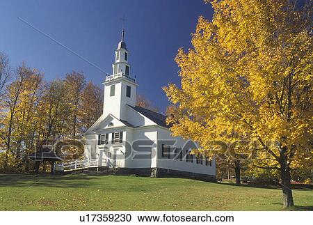 Stock Image -  church, autumn, Vermont, The Old Meeting House surrounded by beautiful fall foliage in East Montpelier Center in Washington County in the state of Vermont. . Fotosearch