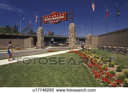 Stock Image -  Colonial Michilimackinac, Mackinaw City, entrance, fort, Michigan, Entrance to Colonial Michilimackinac a French fort built in 1715 in Mackinaw City in the state of Michigan.. Fotosearch