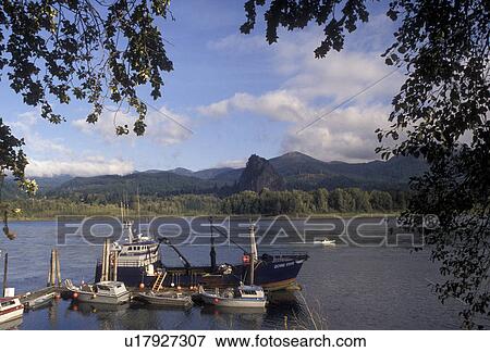 Stock Photo -  Columbia River, Oregon, Fishing boat and small pleasure boats moored at a dock on the Columbia River in the state of Oregon . Fotosearch