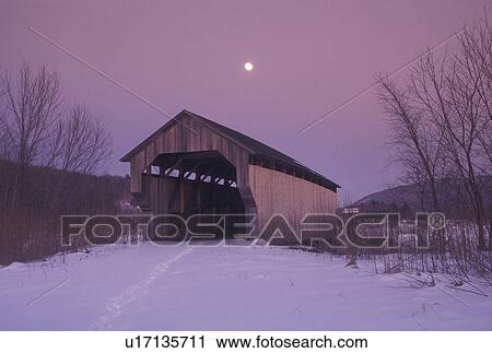 covered bridge, Cambridge, Vermont, VT, Full moon, covered bridge, snow, evening, winter. View Large Photo Image Stock Image - covered bridge, Cambridge, Vermont, VT, Full moon, covered bridge, snow, evening, winter.. Fotosearch