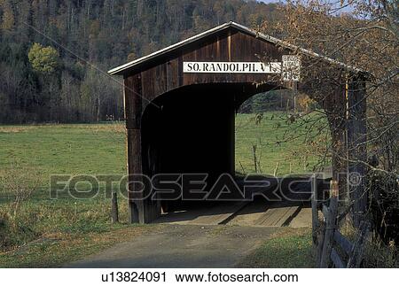Stock Image -  covered bridge, fall, wooden bridge, Vermont, The Hyde or Kingsbury Covered Bridge c. 1904 in South Randolph during autumn in Orange County in the state of Vermont.. Fotosearch
