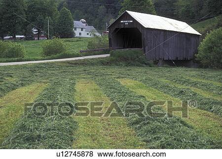 Stock Photo -  covered bridge, Vermont, VT, Freshly cut hay field in front of the Lower or Cilley Covered Bridge ca. 1883 in Tunbridge in the spring. . Fotosearch