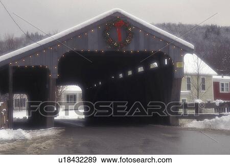 covered bridge, winter, Vermont, Christmas wreath on Waitsfield Village or Big Eddy Covered Bridge c. 1833 in Waitsfield in Mad River Valley in Washington County in the state of Vermont. View Large Photo Image Stock Photo - covered bridge, winter, Vermont, Christmas wreath on Waitsfield Village or Big Eddy Covered Bridge c. 1833 in Waitsfield in Mad River Valley in Washington County in the state of Vermont.. Fotosearch
