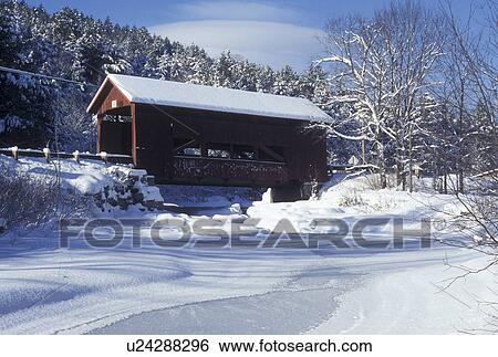 covered bridge, winter, Vermont, The Upper Covered Bridge crosses over the frozen waters of Cox Brook in the snow on a winter day in Northfield Falls in Washington County in the state of Vermont. View Large Photo Image Stock Photograph - covered bridge, winter, Vermont, The Upper Covered Bridge crosses over the frozen waters of Cox Brook in the snow on a winter day in Northfield Falls in Washington County in the state of Vermont.. Fotosearch