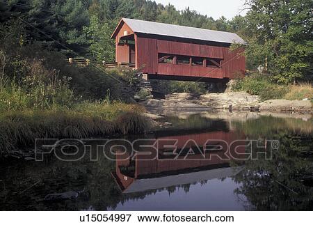 covered bridge, wooden bridge, Vermont, reflection, The red Upper Covered Bridge in Northfield Falls reflects in Cox Brook in Washington County in the state of Vermont. View Large Photo Image Stock Photo - covered bridge, wooden bridge, Vermont, reflection, The red Upper Covered Bridge in Northfield Falls reflects in Cox Brook in Washington County in the state of Vermont. . Fotosearch