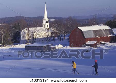 cross-country skiing, Vermont, VT, Mother and daughter cross-country skiing on a snow covered field in the scenic village of Peacham in the winter. View Large Photo Image Picture - cross-country skiing, Vermont, VT, Mother and daughter cross-country skiing on a snow covered field in the scenic village of Peacham in the winter. . Fotosearch