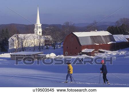 Stock Photography -  cross-country skiing, Vermont, VT, Mother and daughter cross-country skiing on a snow covered field in the scenic village of Peacham in the winter. . Fotosearch