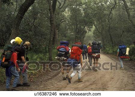 Cumberland Island, backpacking, hiking, Georgia, A group of backpackers walking up Grand Avenue on Cumberland Island National Seashore in Georgia. View Large Photo Image Stock Photograph - Cumberland Island, backpacking, hiking, Georgia, A group of backpackers walking up Grand Avenue on Cumberland Island National Seashore in Georgia.. Fotosearch