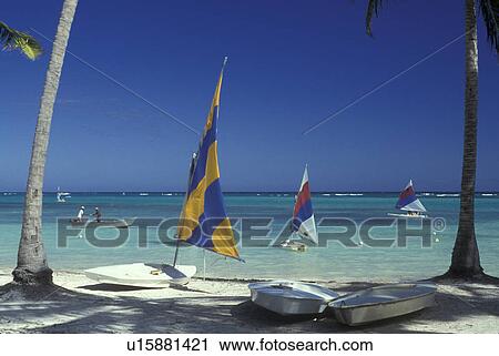 Stock Image -  Dominican Republic, resort, Caribbean, Caribbean Islands, Punta Cana, Picturesque view of sailboats on the Atlantic Ocean from Punta Cana Beach Resort in Punta Cana in the Dominican Republic.. Fotosearch