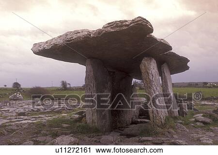 Stock Image -  Europe, Republic of Ireland, Ireland, Poulnabrone Dolmen a 3000 BC table shaped stone tomb in The Burren in County Clare.. Fotosearch
