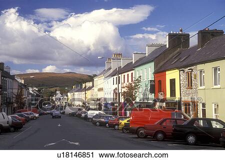 Europe, Republic of Ireland, Ireland, Ring of Kerry, Kenmare, Colorful row of buildings on a one way street in the town of Kenmare in County Kerry. View Large Photo Image Stock Image - Europe, Republic of Ireland, Ireland, Ring of Kerry, Kenmare, Colorful row of buildings on a one way street in the town of Kenmare in County Kerry.. Fotosearch