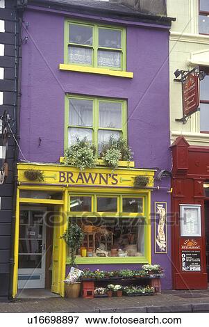 Stock Photo -  Europe, Republic of Ireland, Ireland, A colorful purple and yellow store front display flowers at Brawn's Florist in Westport in County Mayo.. Fotosearch
