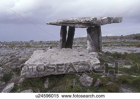 Stock Photography -  Europe, Republic of Ireland, Ireland, Poulnabrone Dolmen a 3000 BC table shaped stone tomb in The Burren in County Clare.. Fotosearch