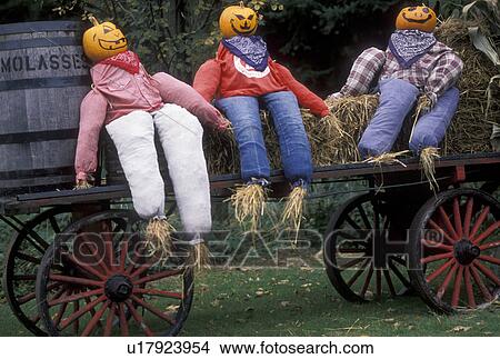 fall decoration, pumpkins, Vermont, A display of three scarecrows with pumpkinheads and colorful clothes sit on a wagon in Montgomery Center in Franklin County in the state of Vermont. View Large Photo Image Picture - fall decoration, pumpkins, Vermont, A display of three scarecrows with pumpkinheads and colorful clothes sit on a wagon in Montgomery Center in Franklin County in the state of Vermont.. Fotosearch
