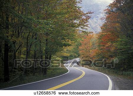 Stock Photograph -  fall foliage, road, Vermont, Stowe, Mt. Mansfield, Route 108 winds through the beautiful fall foliage on the way to Mount Mansfield.. Fotosearch