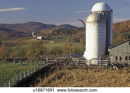 Stock Image -  farm, fall, Vermont, Scenic view of the countryside and farmland in the fall in Pleasant Valley in Underhill in Lamoille County in the state of Vermont.. Fotosearch