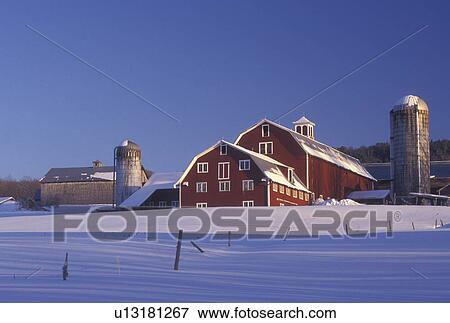 farm, red barn, Vermont, VT, Red barn on a snow-covered farm in winter in Barnet. View Large Photo Image Stock Photo - farm, red barn, Vermont, VT, Red barn on a snow-covered farm in winter in Barnet. . Fotosearch
