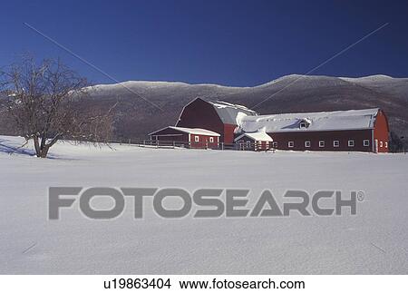 farm, Vermont, VT, Red barn in a snow-covered field in Waterbury Center in winter. View Large Photo Image Picture - farm, Vermont, VT, Red barn in a snow-covered field in Waterbury Center in winter.. Fotosearch