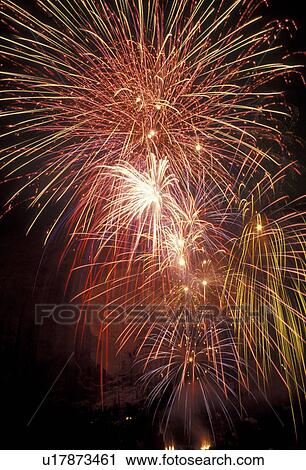 Stock Image -  fireworks, Stone Mountain, Stone Mountain Park, Atlanta, Georgia, A firework display at the opening of the Laser Show on Stone Mountain in Georgia's Stone Mountain Park near Atlanta in the state of Georgia.. Fotosearch