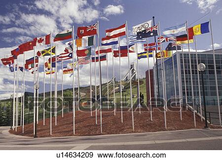 flags, Calgary, Canada Olympic Park, Alberta, Canada, Flags of the countries fly in the brisk breeze in front of Canada Olympic Park in Calgary in the province of Alberta. View Large Photo Image Stock Photo - flags, Calgary, Canada Olympic Park, Alberta, Canada, Flags of the countries fly in the brisk breeze in front of Canada Olympic Park in Calgary in the province of Alberta.. Fotosearch