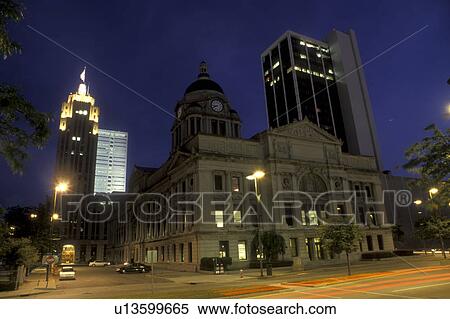 Stock Photography -  Fort Wayne, Indiana, The skyline of downtown Fort Wayne is illuminated at evening, night.. Fotosearch