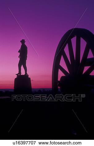 Gettysburg, battlefield, civil war, Gettysburg National Military Park, Pennsylvania, Silhouette of soldier monument in Gettysburg Nat'l Military Park at sunset in Gettysburg in the state of Pennsylvania. View Large Photo Image Stock Photo - Gettysburg, battlefield, civil war, Gettysburg National Military Park, Pennsylvania, Silhouette of soldier monument in Gettysburg Nat'l Military Park at sunset in Gettysburg in the state of Pennsylvania.. Fotosearch