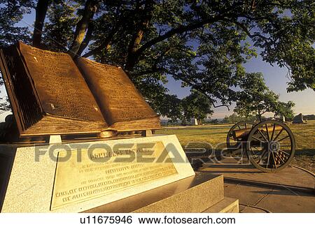 Stock Photograph -  Gettysburg, civil war, battle, battlefield, Gettysburg Military Park, Pennsylvania, Open Book Monument at High Water Mark a battlefield site in Gettysburg National Military Park in Gettysburg in the state of Pennsylvania.. Fotosearch
