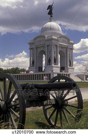 Gettysburg, civil war, battlefield, cannon, Gettysburg Military Park, Pennsylvania, Pennsylvania Memorial (a four-arched granite monument) and cannon on Cemetery Ridge at Gettysburg National Military Park in Gettysburg in the state of Pennsylvania. View Large Photo Image Stock Image - Gettysburg, civil war, battlefield, cannon, Gettysburg Military Park, Pennsylvania, Pennsylvania Memorial (a four-arched granite monument) and cannon on Cemetery Ridge at Gettysburg National Military Park in Gettysburg in the state of Pennsylvania.. Fotosearch