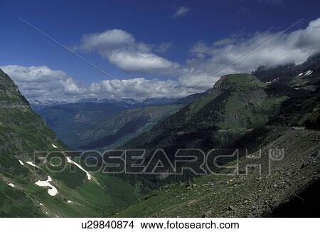 Picture -  Glacier National Park, Rocky Mountains, valley, Montana, Scenic view of the mountains and valley from Logan Pass and Going-to-the-Sun Road. Waterton-Glacier International Peace Park.. Fotosearch