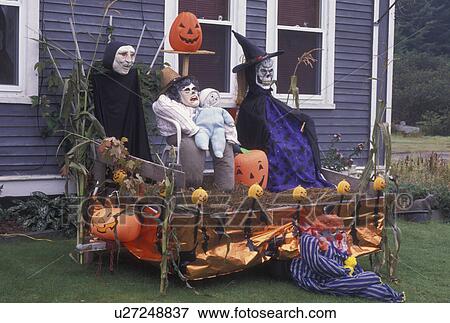 Halloween, decoration, season, Vermont, A spooky Halloween decoration is displayed in front of a house in the town of Marshfield in Washington County in the state of Vermont. View Large Photo Image Stock Photo - Halloween, decoration, season, Vermont, A spooky Halloween decoration is displayed in front of a house in the town of Marshfield in Washington County in the state of Vermont. . Fotosearch