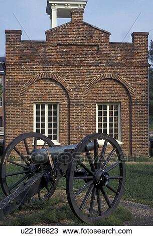 Stock Image -  Harpers Ferry, West Virginia, cannon, Virginia, Maryland, Cannon displayed at John Brown's Fort at Old Arsenal Square in Harpers Ferry National Historical Park in Harpers Ferry in the state of West Virginia.. Fotosearch