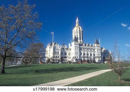 Stock Photo -  Hartford, State Capitol, State House, Connecticut, The State Capitol of Hartford, Connecticut from Bushnell Park in the spring.. Fotosearch