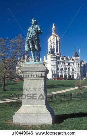 Stock Photograph -  Hartford, State Capitol, State House, Connecticut, The State Capitol and Israel Putnam Monument in Hartford, Connecticut. Bushnell Park in the spring.. Fotosearch